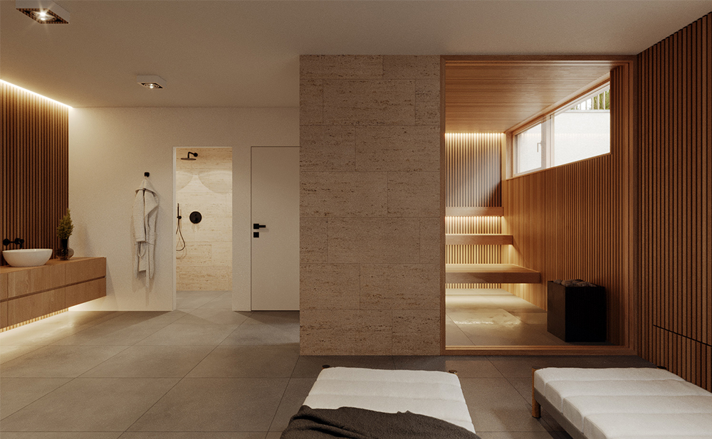 Innenperspektive eines Saunabereichs in einer Villa in Gräfelfing (Rendering)