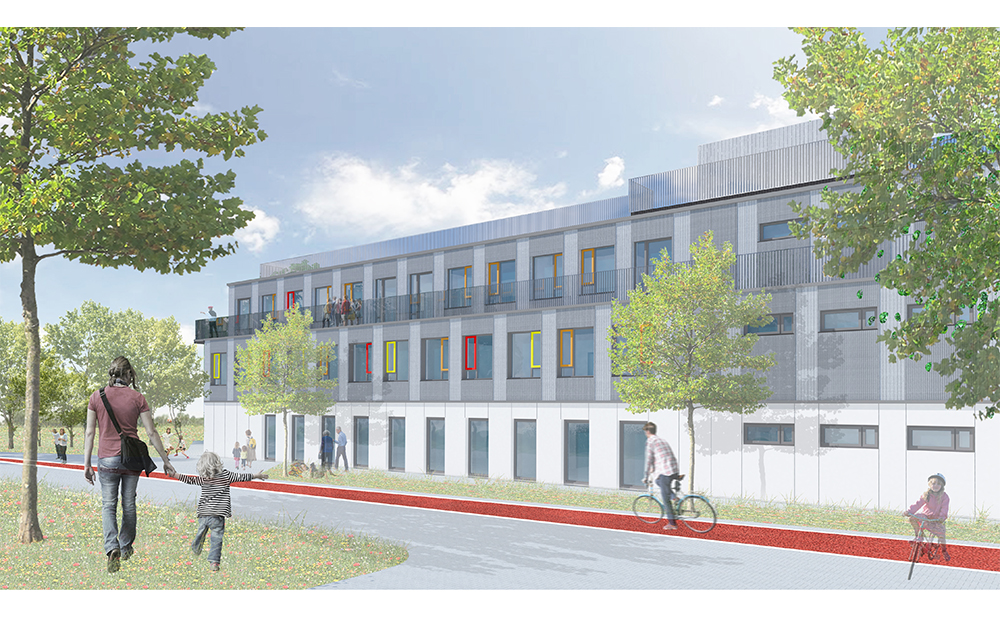 Holzmodulbau Montessorischule Fassadengestaltung der Montessorischule in Neuperlach (Rendering)