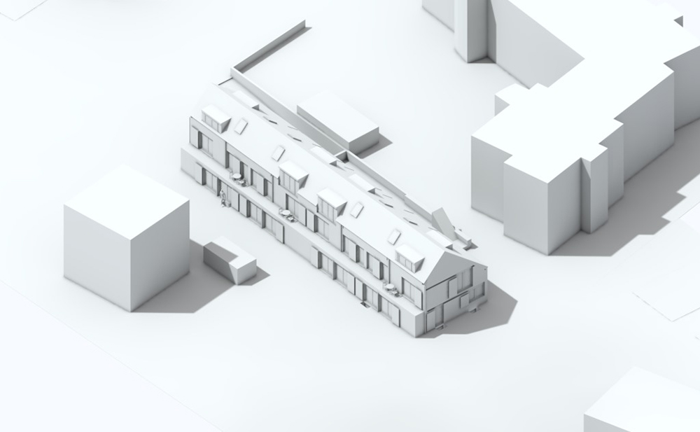 Vogelperspektive Reihenhausanlage mit Tiefgarage in Dachau (Rendering)