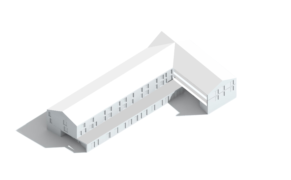 Vogelperspektive Neubau Sozialwohnungen mit Kindergarten in Dachau (Rendering)